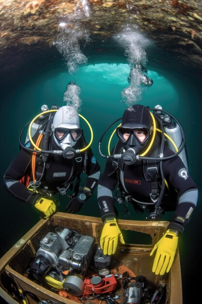 Photo deux plongeurs sur un bateau avec leur équipement sous-marin créé avec l'ia générative