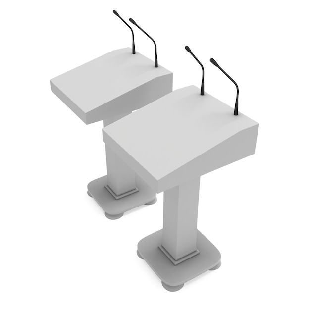 Deux podiums de haut-parleurs 3d White Tribune Rostrum Floor Stands with Microphones 3d render