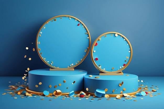 Deux podiums ronds bleus avec des confettis sur fond bleu pour l'affichage des produits Illustration vectorielle