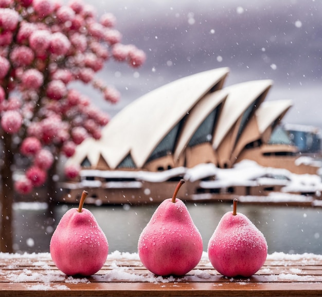 Photo deux poires roses sur une table en bois devant un opéra de sydney couvert de neige