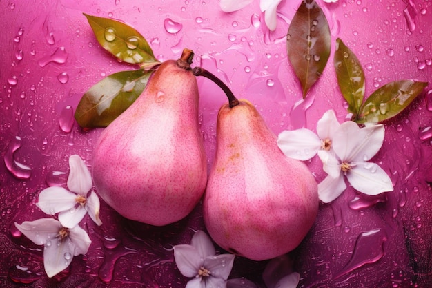 Deux poires rouges mûres juteuses peintes en rose métallique avec des fleurs blanches et roses une place pour le texte