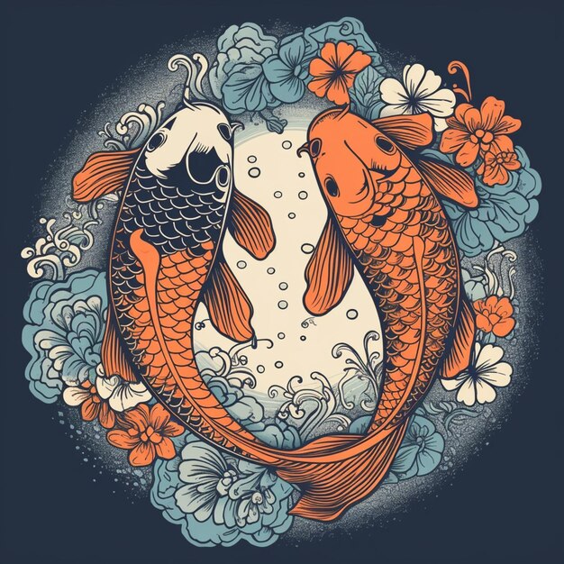 deux poissons koi avec des fleurs et des feuilles dans un cercle génératif ai