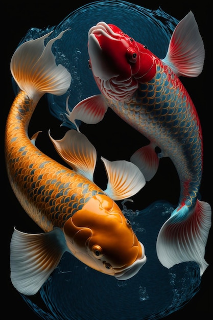 Deux poissons koi nageant dans un bol d'eau générative ai