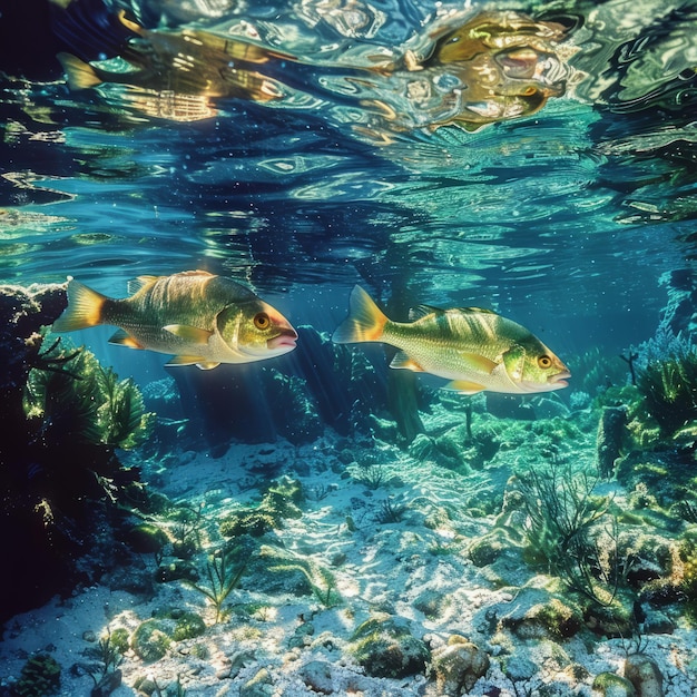 Deux poissons nageant dans l'eau claire d'un récif de corail