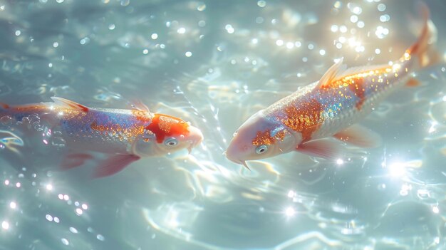 Photo deux poissons d'or nageant dans un aquarium transparent l'eau a des bulles dans elle créant un effet étincelant