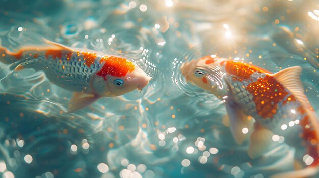 Photo deux poissons d'or nageant dans un aquarium transparent l'eau a des bulles dans elle créant un effet étincelant