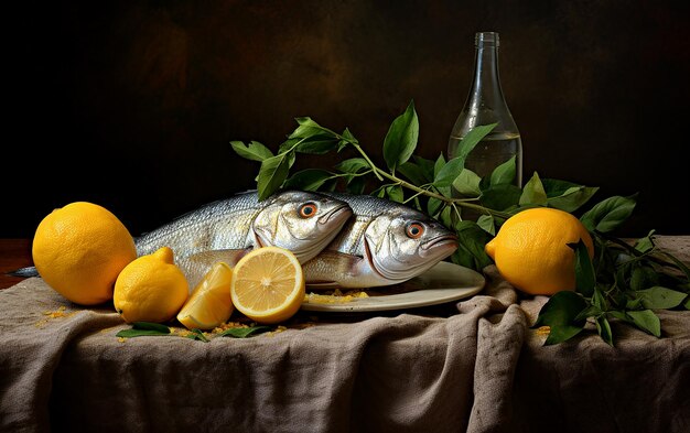 Photo deux poissons sur une table avec des citrons et de l'ail