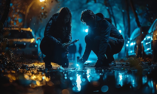 Deux policiers enquêtent sur la scène du crime dans une nuit de pluie.