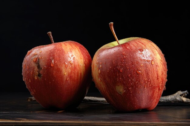 Deux pommes mûres avec des marques de morsure visibles.