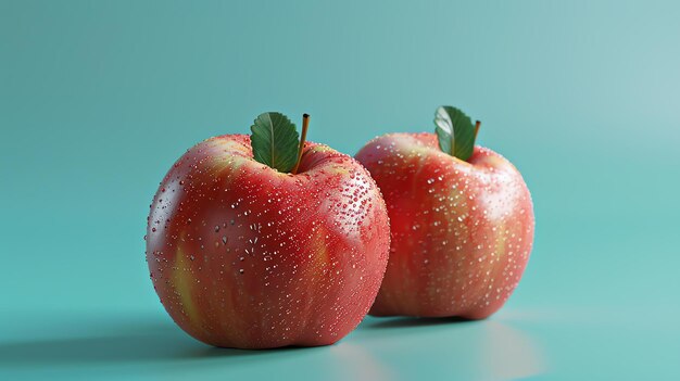 Deux pommes rouges avec des feuilles vertes sur un fond bleu Les pommes sont mouillées et ont des gouttes d'eau sur leur peau