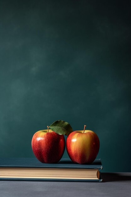 Deux pommes rouges sont posées sur une table avec un fond vert.