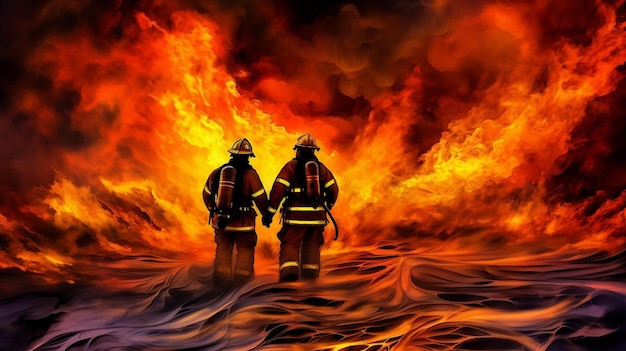 deux pompiers debout devant un incendie