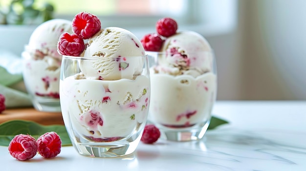 Deux portions de crème glacée végétalienne avec des framboises dans des verres générés par l'IA