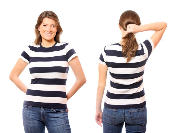 Photo deux portraits de la même femme l'un de face et l'autre de dos sur fond blanc