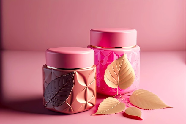 Deux pots cosmétiques avec des feuilles roses sur fond rose d abstrait