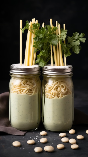 Deux pots de soupe crémeuse avec des spaghettis qui en sortent.