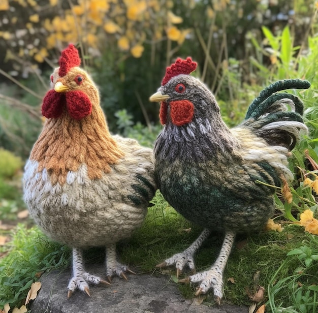 Deux poulets sont assis sur un rocher dans un jardin.