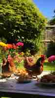 Photo deux poulets sont debout sur une table avec des fleurs en arrière-plan