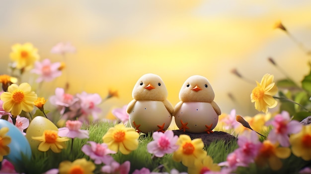 Deux poussins dans une prairie de fleurs