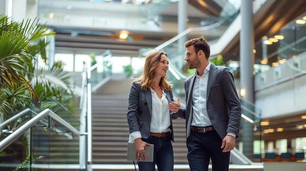 Deux professionnels d'affaires un homme et une femme marchent et parlent dans un immeuble de bureaux moderne