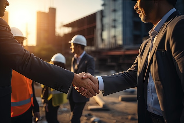 Deux professionnels, un ingénieur et un homme d'affaires, se serrent la main sur un chantier animé généré par l'IA.