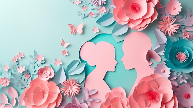 Deux profils humains face à face découpés dans du papier entourés de fleurs roses et teal