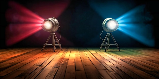 Deux projecteurs colorés sur un plancher en bois