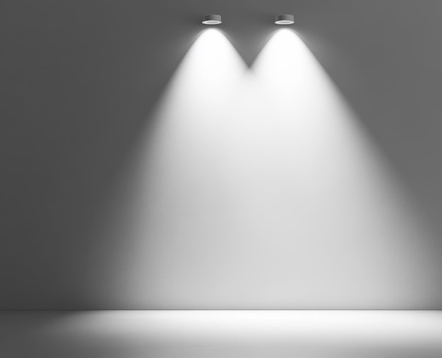 Deux projecteurs éclairent un mur et un sol gris blancs.