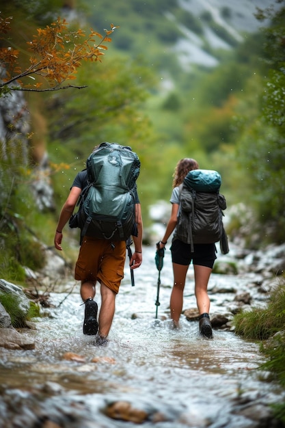 Deux randonneurs avec des sacs à dos traversant un ruisseau rocheux dans une forêt entourée de feuillage d'automne