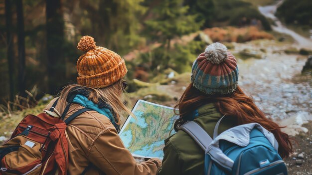 Photo deux randonneuses regardent une carte dans les bois, elles portent toutes les deux des vêtements chauds et des sacs à dos, la forêt est dense et verte.