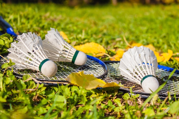 Deux raquettes de badminton avec trois shuttlecocks sur l'herbe en gros plan