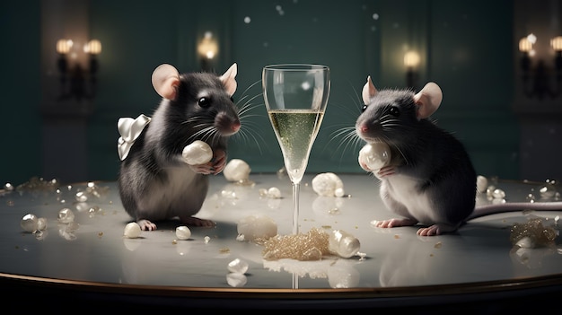 Deux rats sont assis à une table avec une coupe de champagne.