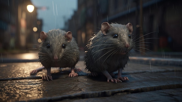 Deux rats sous la pluie dans la rue au petit matingénérative ai