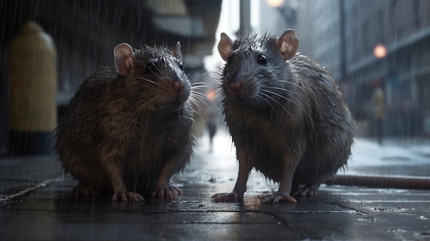 Deux rats sous la pluie dans la rue au petit matingénérative ai