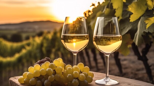 Deux remplis d'un verre de vin blanc avec des raisins blancs sur fond de vignoble et de coucher de soleil Generative Ai