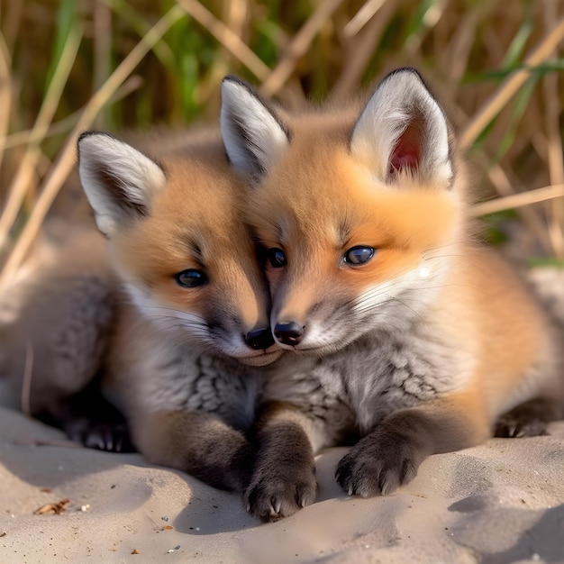 Deux renards sont allongés sur le sable, dont l'un est rouge.