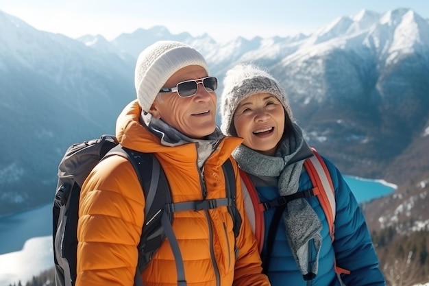 deux retraités asiatiques en randonnée dans les montagnes d'hiver Mode de vie sain pour les personnes âgées