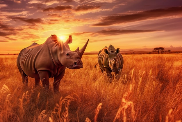 Photo deux rhinocéros dans la savane au coucher du soleil afrique du sud