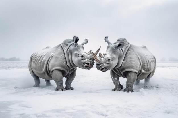 Deux rhinocéros se préparent à se battre sur la glace.