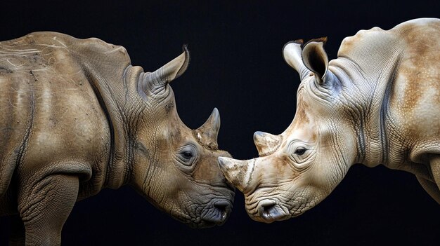 Deux rhinocéros se regardent.