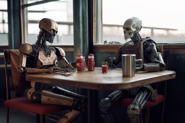 Deux robots discutent assis à table androïdes IA humanoïdes dans un café IA générative