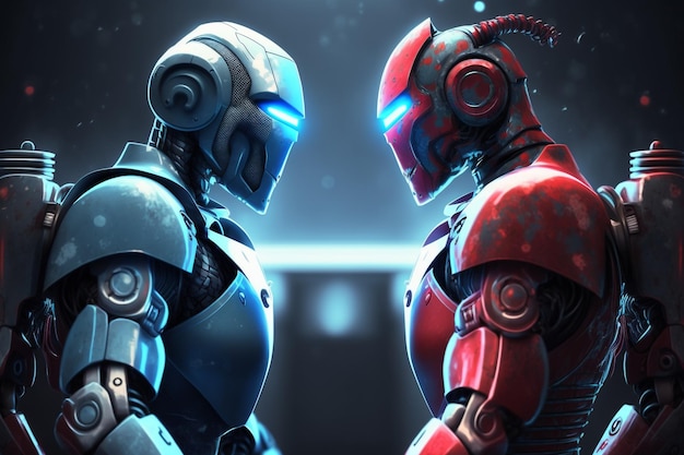 Deux robots futuristes avant match en bleu et rouge AI générative