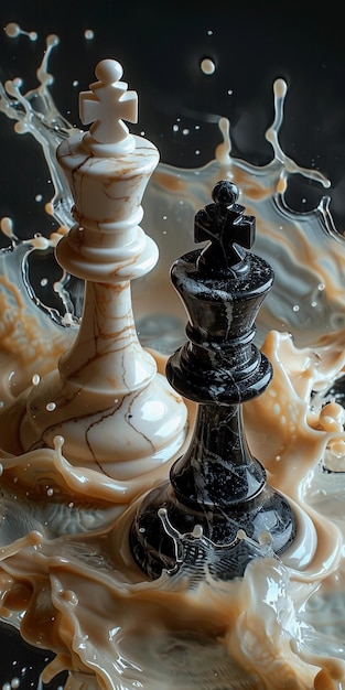 Deux rois jeu d'échecs dans les affaires commerce d'argent marketing financier immergé dans des éclaboussures liquides