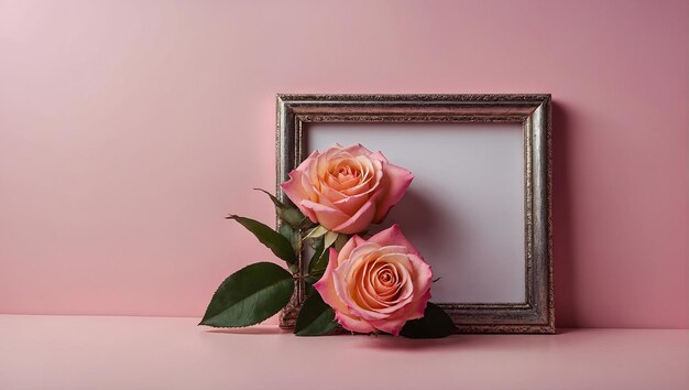 Deux roses roses et un cadre argenté sur un fond rose