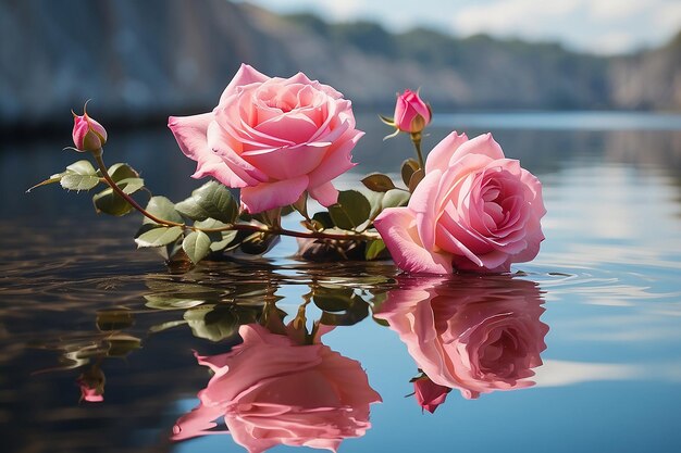 Photo deux roses roses reflétées sur l'eau