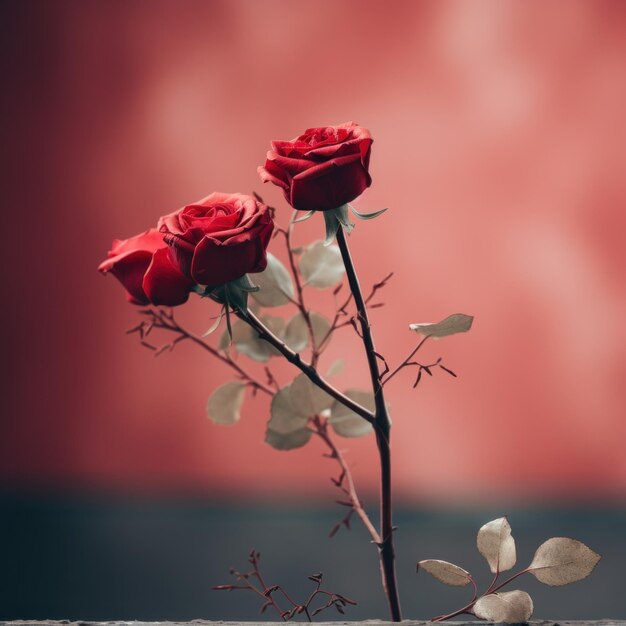 Deux roses rouges sur une table en bois.