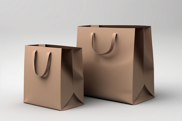 Deux sacs en papier recyclé brun vierge avec poignée pour faire du shopping sur fond gris clair L'image est générée par l'IA