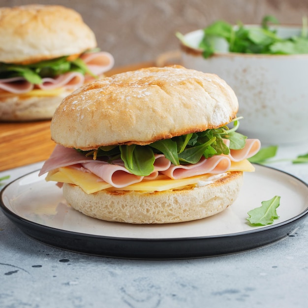 Deux sandwichs faits maison avec du fromage au jambon et de l'arugula sur une table en béton