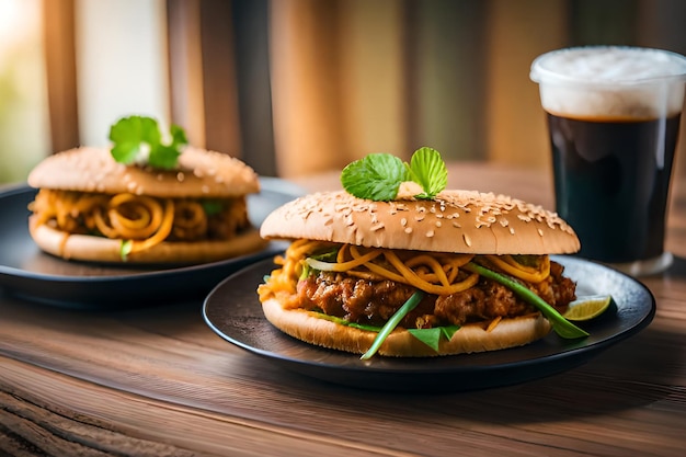 Deux sandwichs sur une table avec une tasse de bière