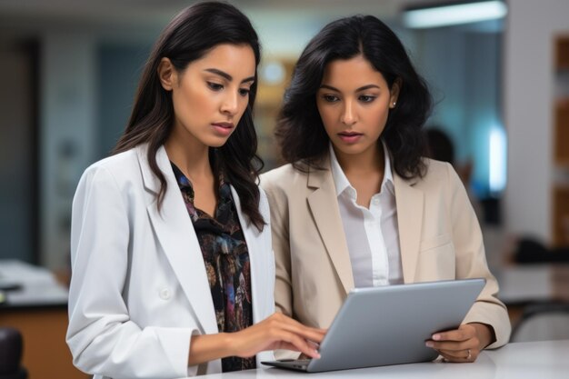 Deux scientifiques indiennes en blouse de laboratoire regardent une tablette